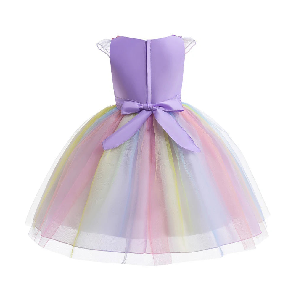 Kids Clothes Summer Girls Dress Short Sleeves Rainbow Princess Dress For Children Baby Birthday Party Clothing Unicorn 3-8years