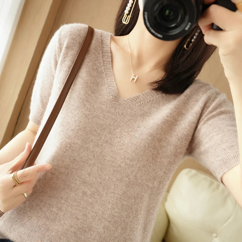 Women Sweater Casual Short Sleeve Pulls 2025 Spring Summer V-neck Knitwears Korean Fashion Shirts Tops Pullovers Soft Jumpers