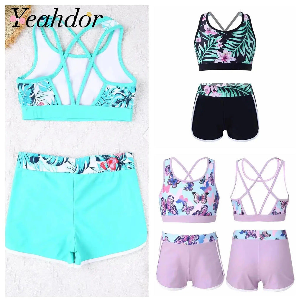Girl'sSwimsuit Outfit Crop Top with Boyshorts Childrens Swimwear Kids Bathing Suit Swimming Set Beach Pool Printed Two Pieces