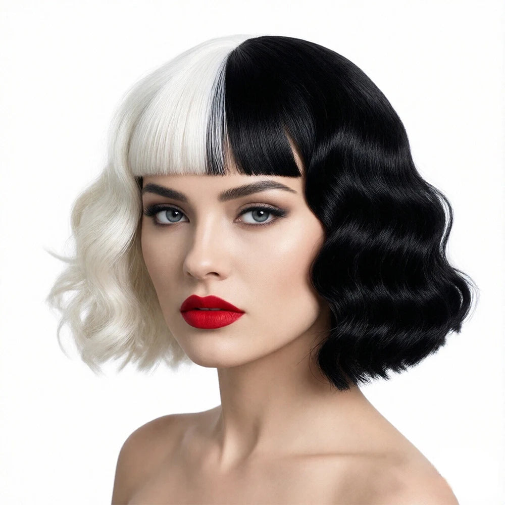 Women Wig Black and White Split Color Short Curly Hair Synthetic Half Black Half White Bob Wigs Halloween Cosplay Party Headwear