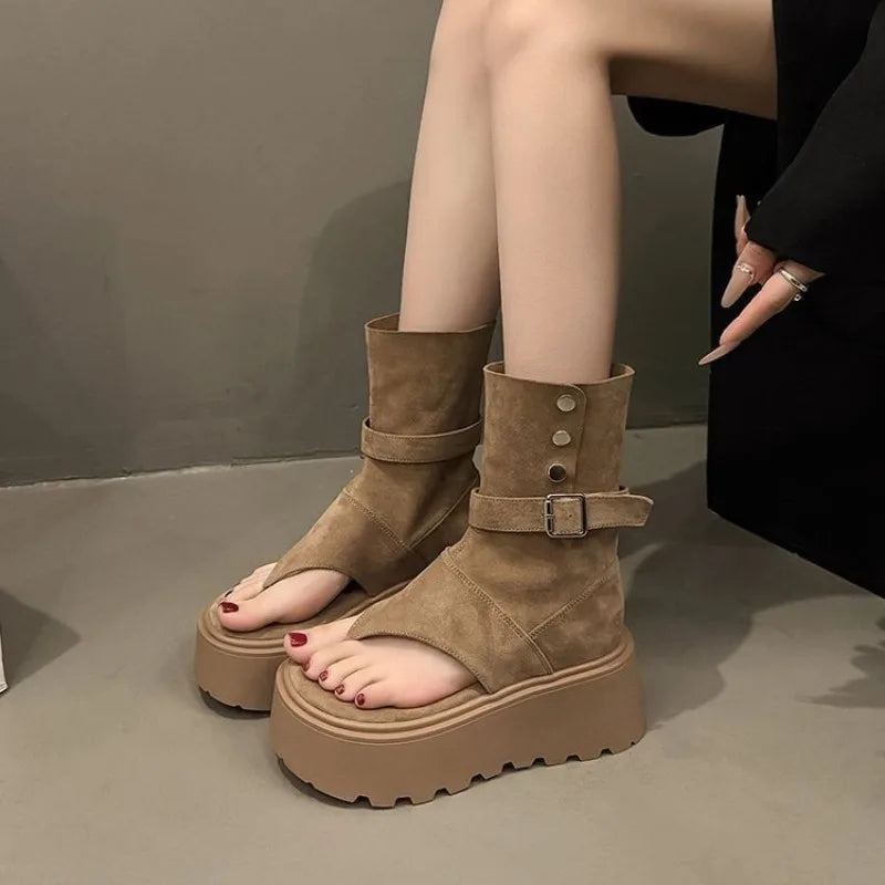 Fashionable Platform Boots for Women 2025 Summer New Trend Height Increasing Roman Short Boots Heeled Sandals Botas Para Mujer