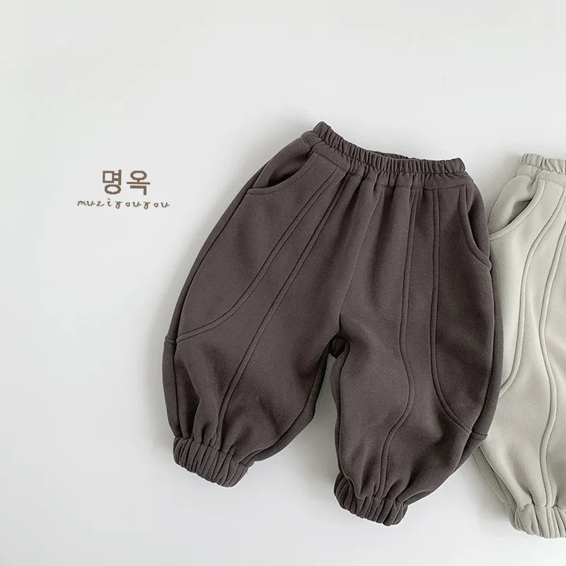 Children Fleece Sweat Pants 2025 Winter New Boys Warm Trousers Cotton Girls Plus Velvet Thick Casual Pants Solid Kids Clothes