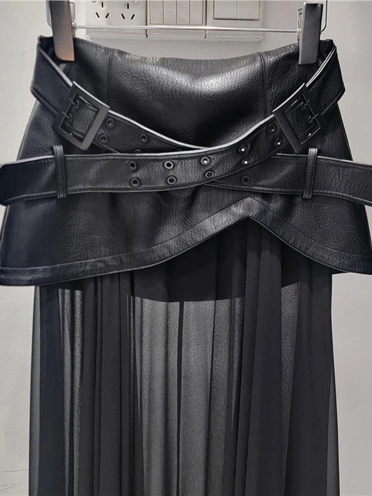 DEAT Women's Skirt Solid Color Patchwork Pu Leather Black Mesh Belt A-line High Waist Long Skirt Summer New Fashion 29L8139
