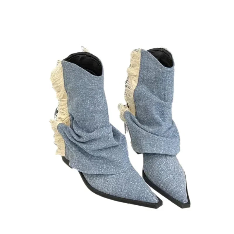 Boots Women 2024 New Four Seasons Western Blue Vintage Pointed High Heels Outdoor Fashion Walking Short Shoes Comfortable