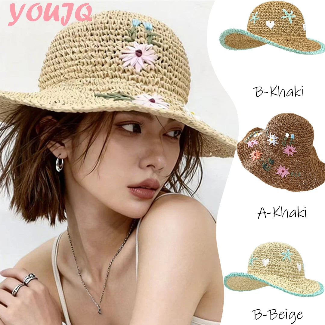 Colorful Flower Straw Hats for Women Boho Embroidered Flower Weave Hat Foldable Korean Hollow Out UV Protection Sun Cap Outdoor