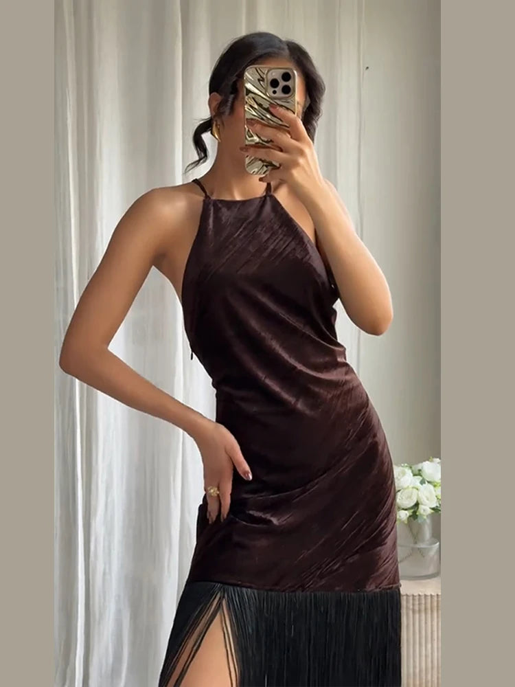 Sexy Velvet Tassels Long Dress Women Halter Sleeveless Hollow Out Backless Vestidos Female Chic Party Evening Robe 2026