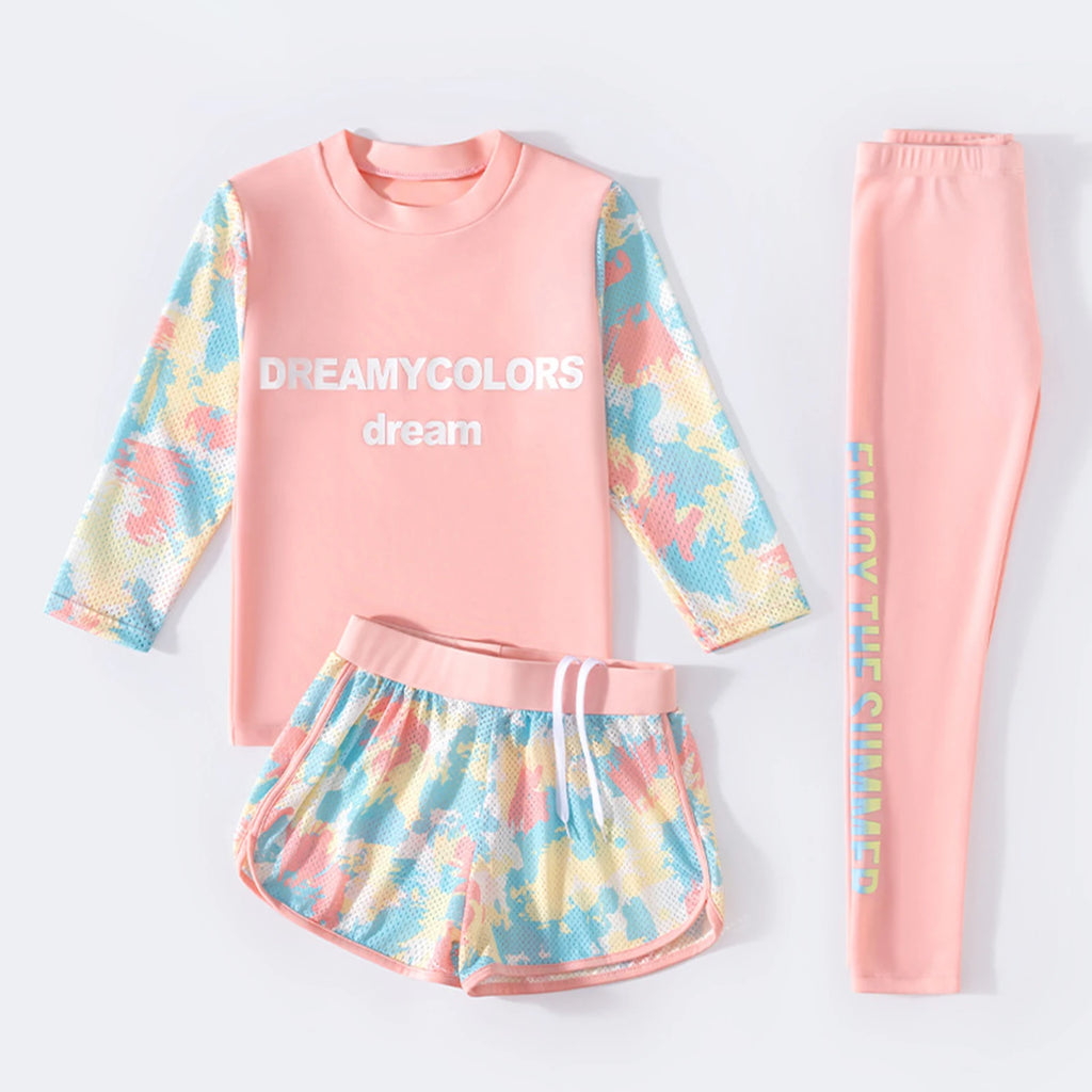 Kids Girls Print Swimsuit Long Sleeve Top with Shorts Pants Sun Protection Swimwear Rash Guard Beach Pool Bathing Suit Wetsuit