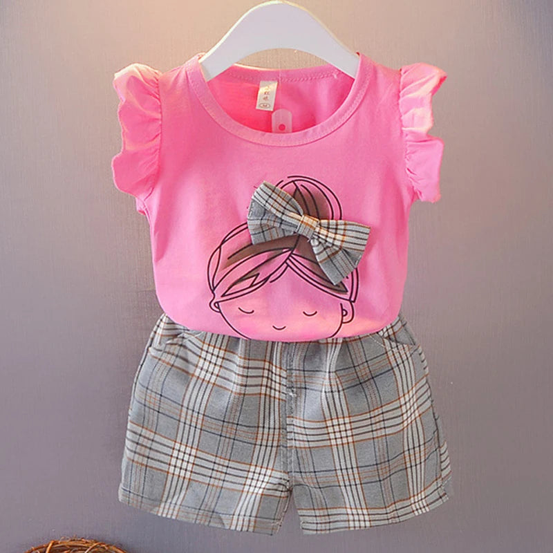 Kid Baby Girl Clothes Set Ruffle Sleeve Bow T-shirt+Plaid Short Pant 2Pcs Girl Suit Casual Cotton Children Clothing Outfit A875