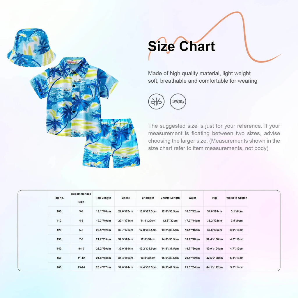Kids Boys Summer Beach Clothes Set Hawaiian Outfits Print Short Sleeve Shirt with Shorts Bucket Hat Pool Swimwear Beachwear