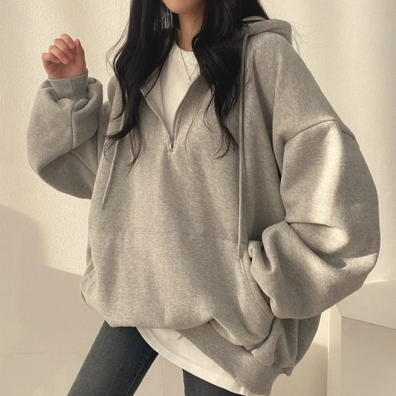Women Hoodie Harajuku Loose Oversized Solid Color Top Half Zip Up Sweatshirt Female Casual Long Sleeve Pocket Hooded Coats 2025