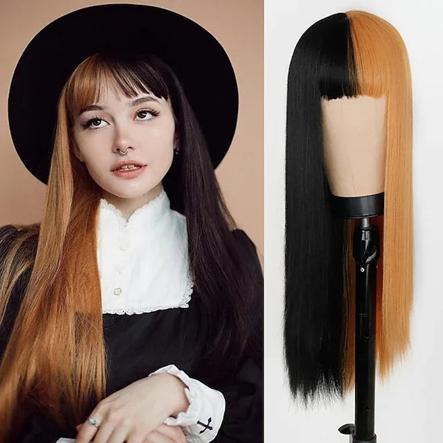 Wigs for Women Yellow and Black Wig Long Straight hair Cosplay Wig Halloween wig Two Tone Ombre Color Women Synthetic Hair Wigs
