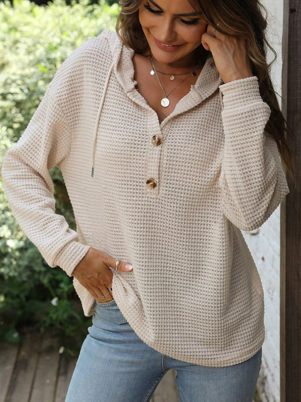 Women's Solid Color Hooded Button Loose Long Sleeved Hoodie Autumn/Winter 2023 Fashion Comfortable Casual Sweatshirt