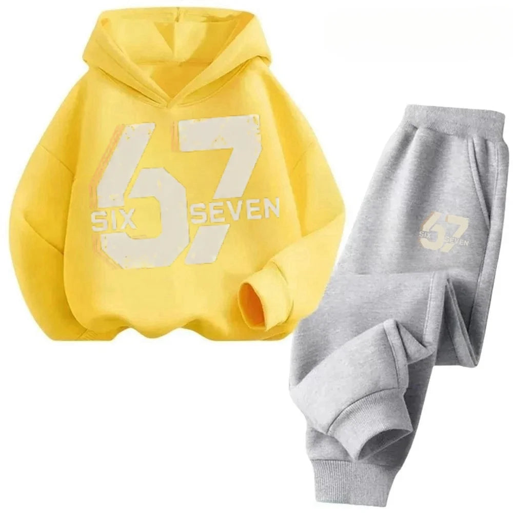 67 Chic Children's Hoodies Set 3-12Y Korean Streetwear Block Tracksuit Fashion Comfortable Kids Sweatshirt 2 Pcs Sets Pant Suit