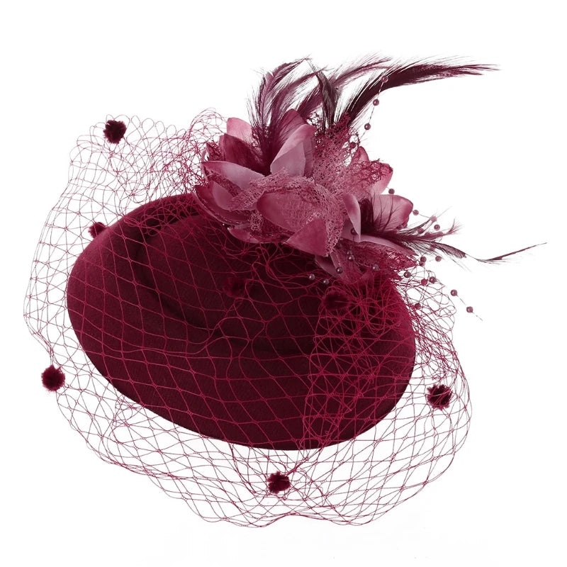 Fascinator Hats for Women Pillbox Cap with Flower Furry Mesh Veils and Hair Clip Party Headwear Headdress