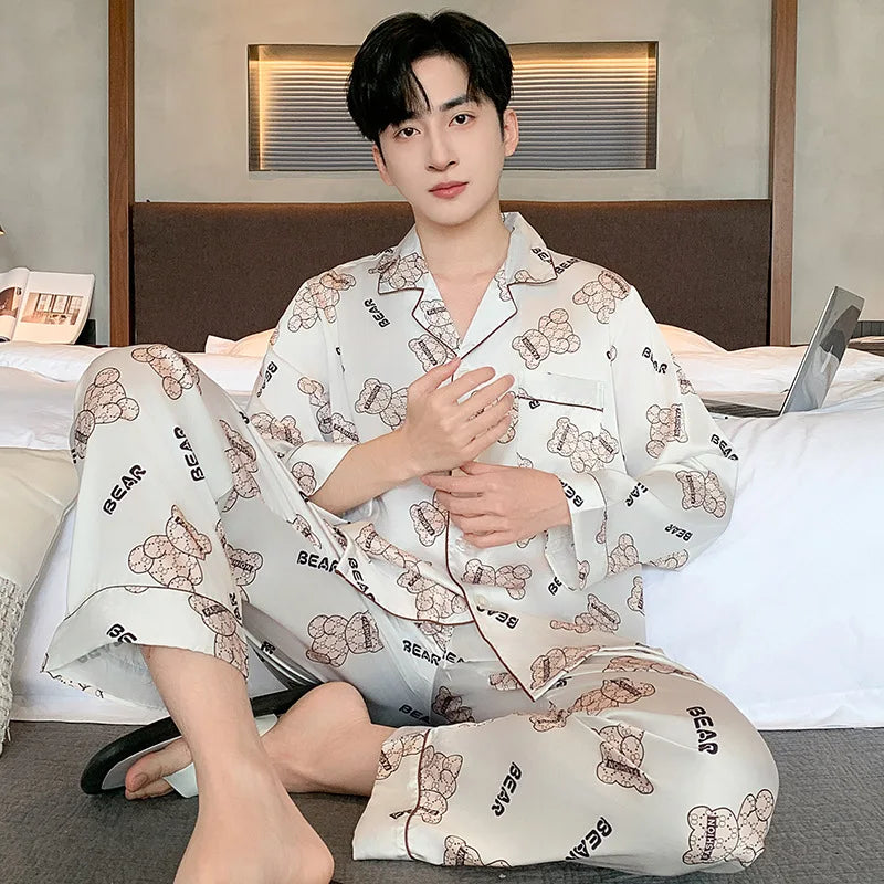 High Quality Men Pajamas Suit Spring Fall Ice Silk High-end Long-sleeved Sleepwear Set Female Ethnic Style Large Size Loungewear