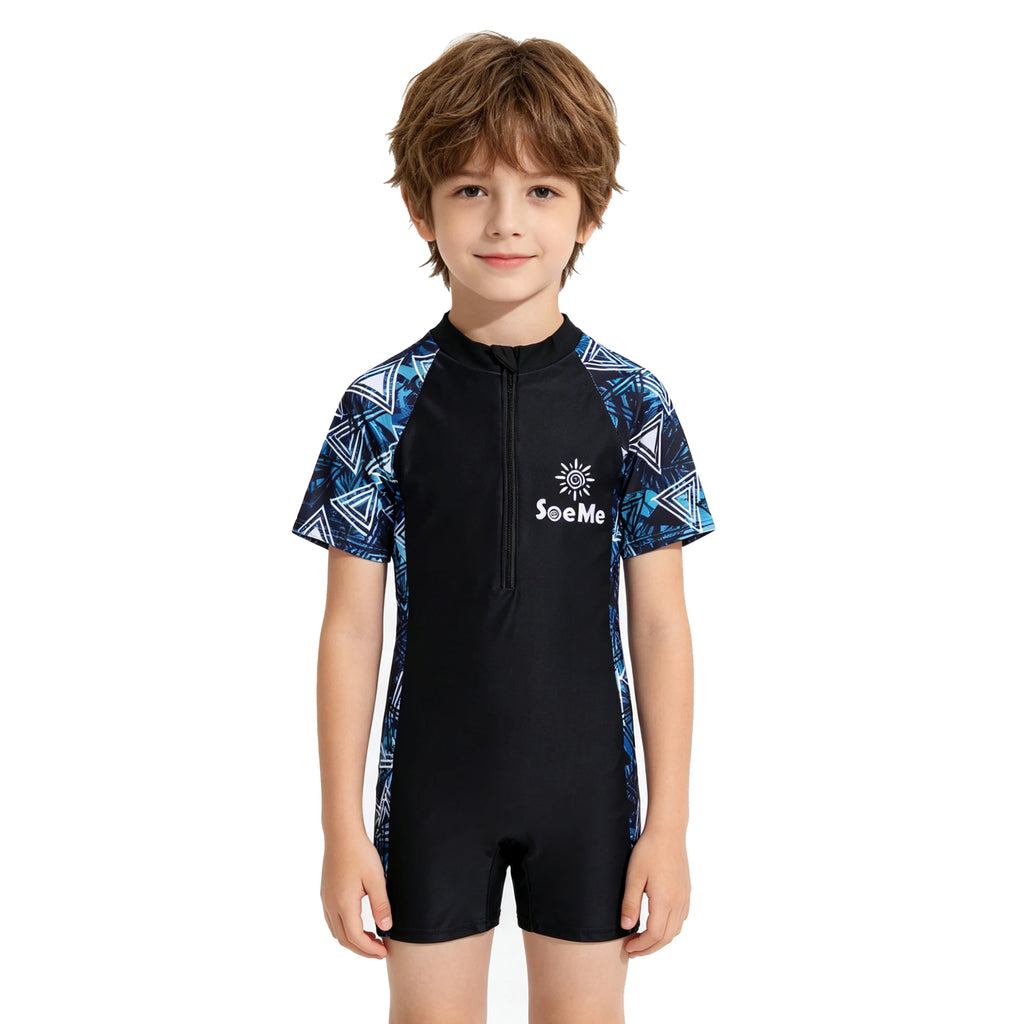 Kids One-Piece Swimsuit Sun Protection Children Clothes Rash Guard Zipper Short Sleeve Swimwear Quick Dry Boys Girls Beach Pool