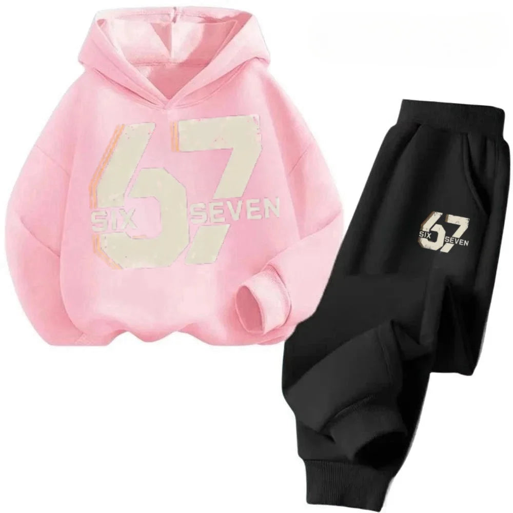 67 Chic Children's Hoodies Set 4-13Y Korean Streetwear Block Tracksuit Fashion Comfortable Kids Sweatshirt 2 Pcs Sets Pant Suit