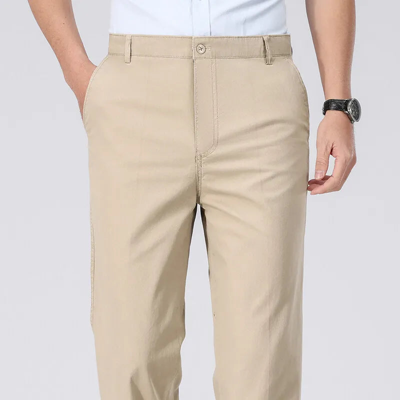 Spring Summer Cotton Suit Pants Men Solid Color Smart Casual Dress Trousers Man Lightweight Zipper Fly Straight Breathable Pants