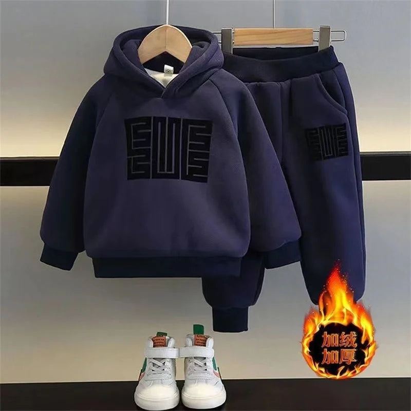Kids Sweatshirts Sets Winter Children Plus Velvet Thick Warm Suit Boys Girls Hooded Pullover+Pants 2Pcs Cotton Tracksuit Outfits