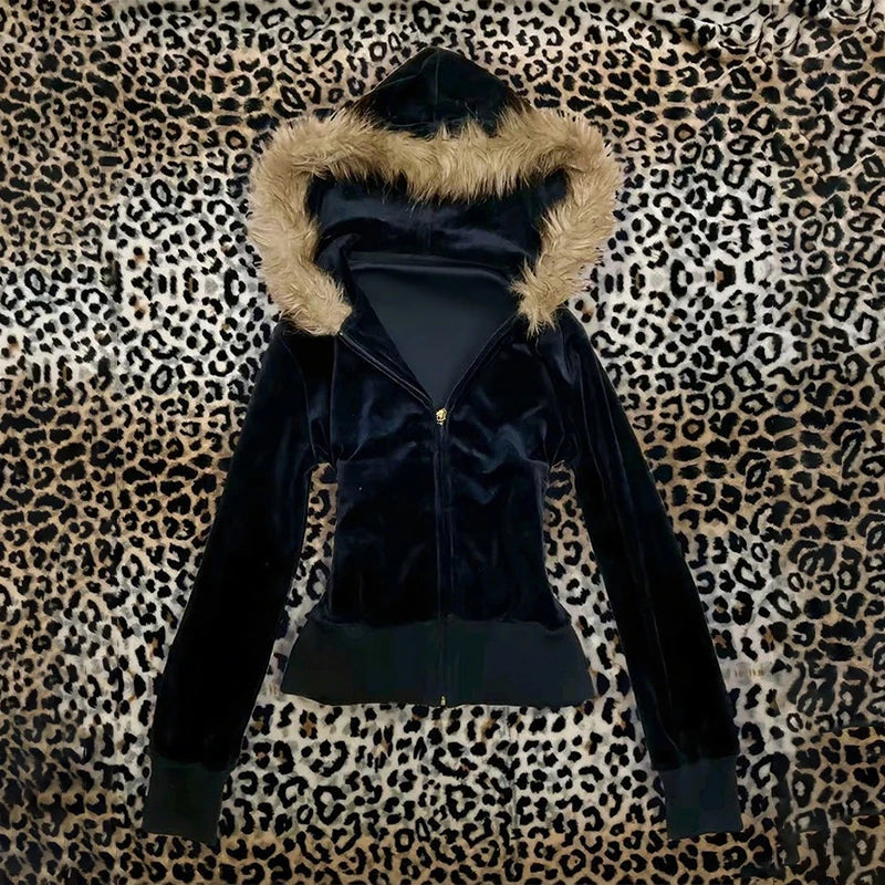 Street vintage Harajuku Autumn Winter riveted cool girl Gothic zipper hoodie coat Punk plush hat warm Y2K short cardigan jacket