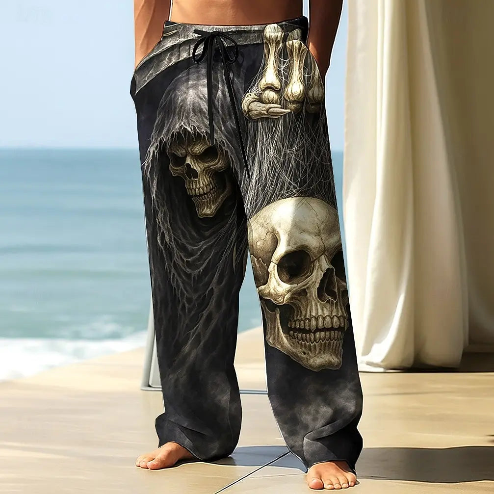 Men's Skull Skeleton Printed Trousers Baggy Pants Casual Pants Mid Waist Elastic Drawstring Waist Pants for Men Streetwear Fall