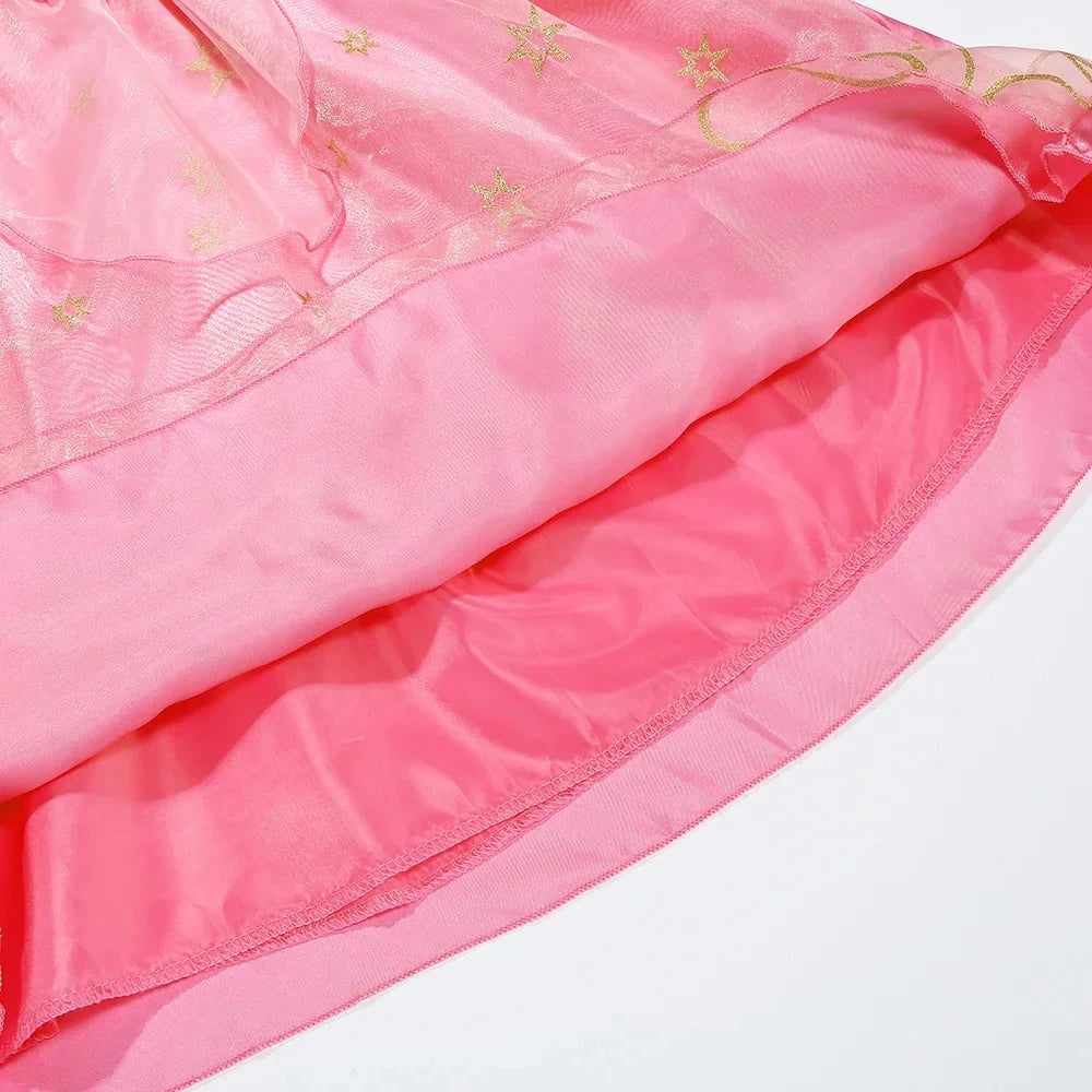 Kids Girls Fairytale Princess Fancy Dress Pink Embroidered Tulle Cosplay Outfit for Halloween Carnival Birthday Daily Wear