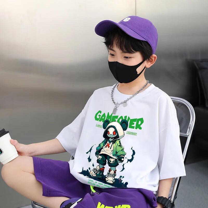 Boys Clothes GAME OVER Print Graphic T Shirts 2025 Summer Kids Clothes 100% Cotton Tops Short Sleeve T-shirt Girls 4-6Y 7-13Y