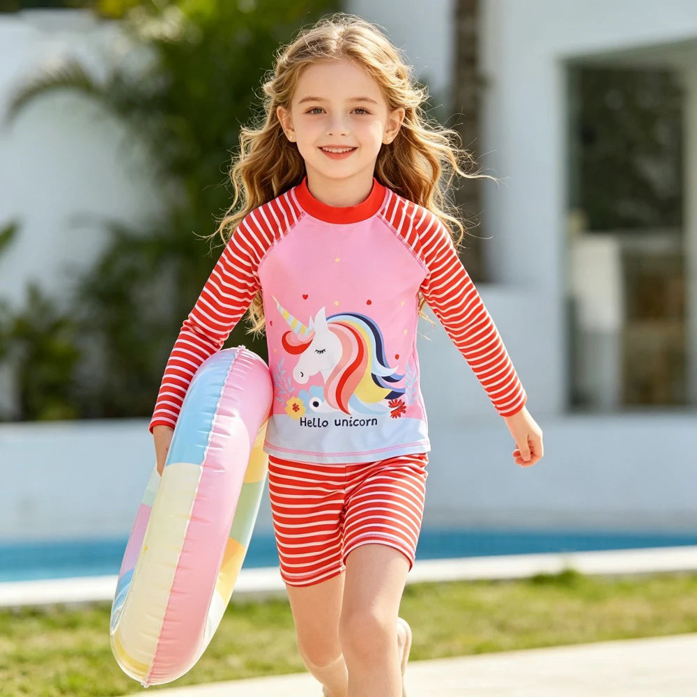 Kids Long Sleeve Swimwear Set 2Pcs Boys Girls Cartoon Swimsuit UV Protection Beachwear for Children Toddler Bathing Suit