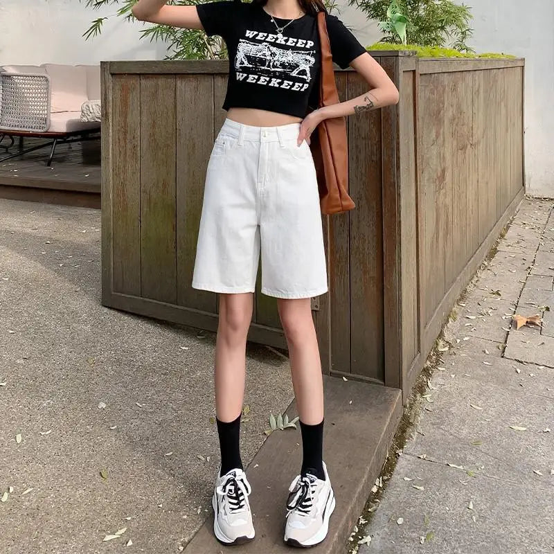 FINEWORDS Summer Vintage High Waist Bermuda Shorts Jeans Women Korean Casual Wide Leg Denim Shorts Streetwear Loose Middle Short
