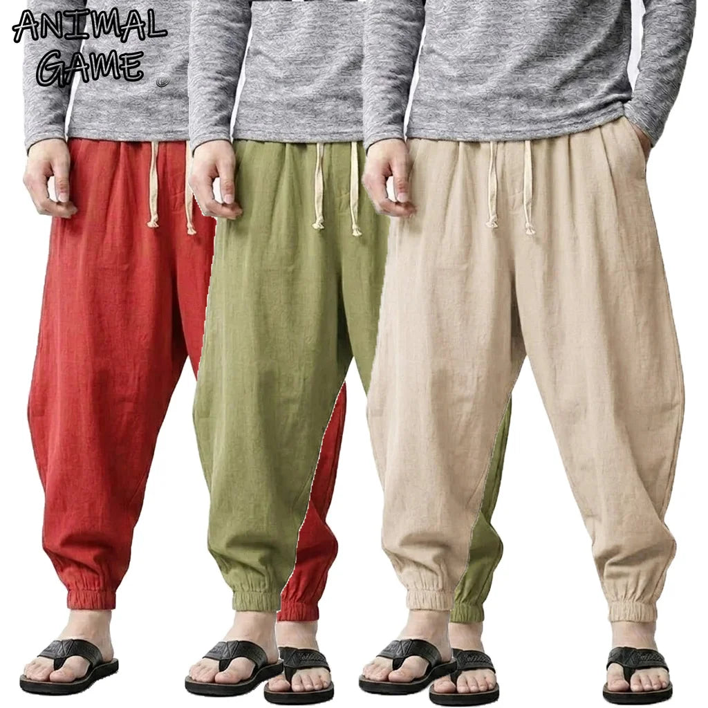 Korean Linen Pants Men Baggy Summer Men Jogger Cotton Work Trousers Spring Casual Loose Harem Pants Drawstring Yoga Streetwear