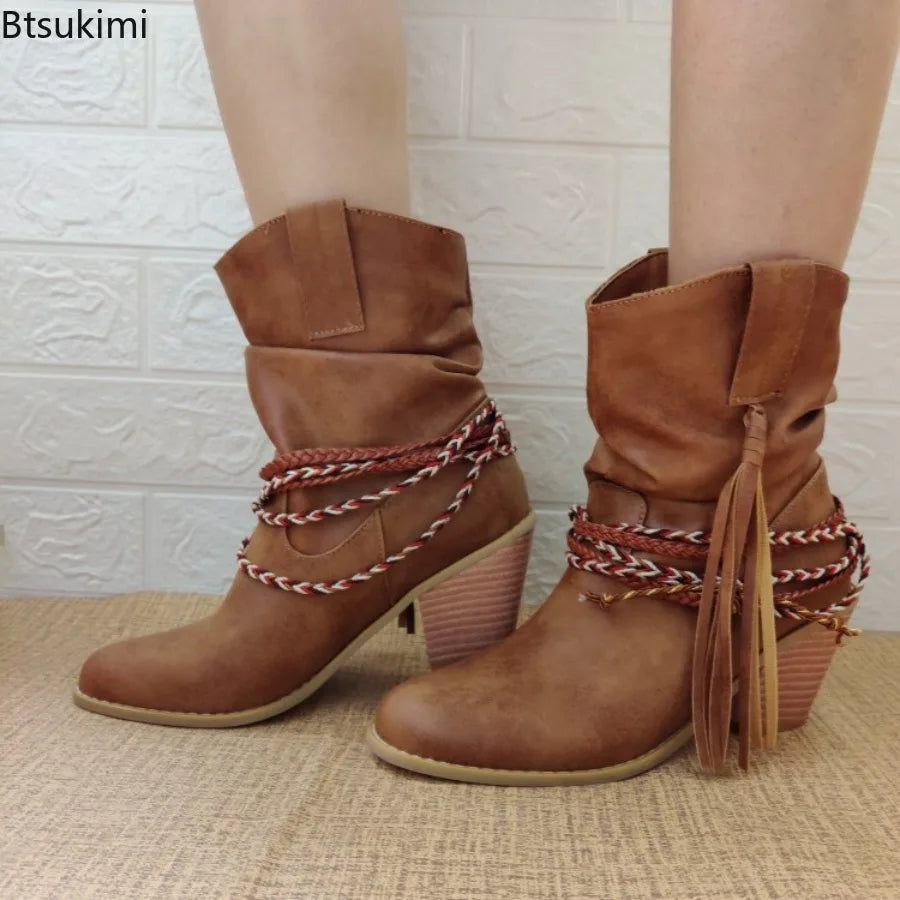 2026 Women's Brown Western Boots Autumn and Winter High Heels Short Boots Retro Pointed Toe Chunky Heels Ankel Boots for Women