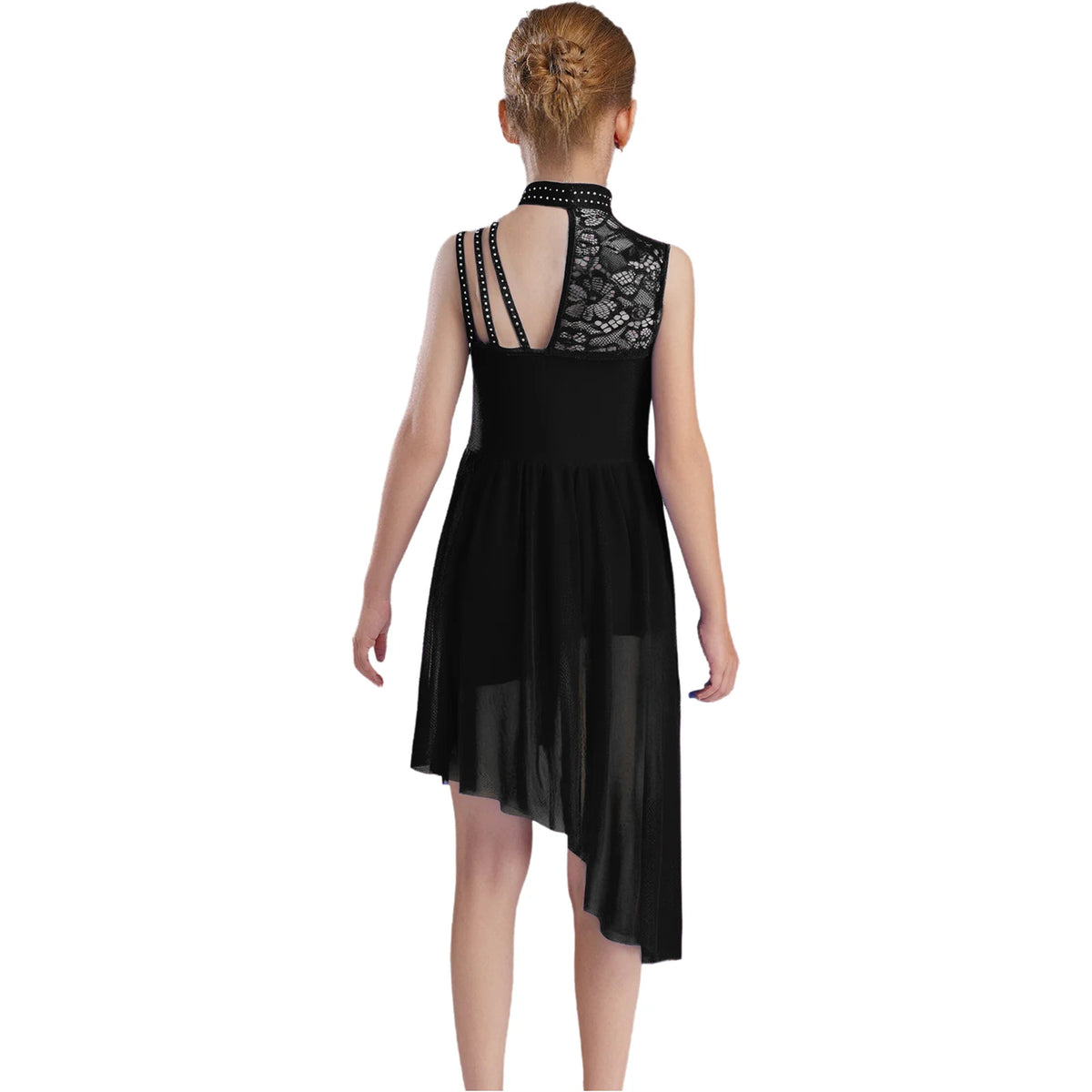 Kids Girls Ballet Lyrical Dance Dress Sleeveless Modern Contemporary Dancewear Floral Lace Rhinestones Gymnastics Leotard Dress