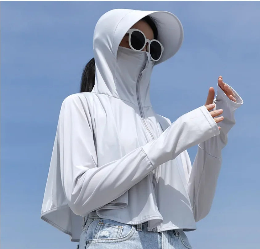 Women Sunscreen Hoodie Solid Color Thin Ice Silk Summer UV Protection Long-sleeved Jacket Breathable Shirt Clothing