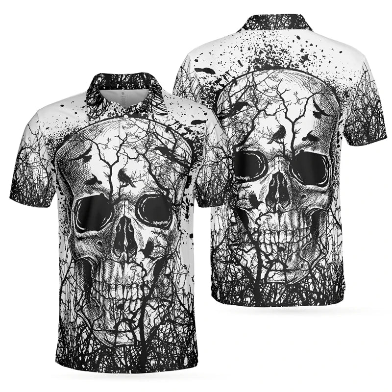 3D Print Skull Fashion Men's Polo Shirt Fashion Trendy Skull Flower Streetwear Unisex Short Sleeve Golf Sport Shirt Button Tops