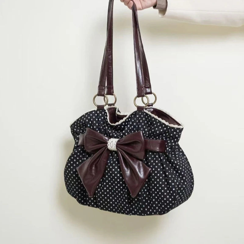 Chic Polka Dot Tote Bag Casual Commuting Vintage Women Handbags Shoulder Bag Versatile Large Capacity Dot Design Bow Sweet Bag