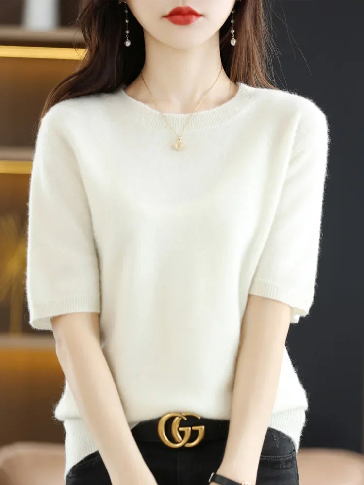 Spring Summer Women Sweaters Short Sleeves O-neck Bottoming Shirts Knitwear 2024 Summer Knit Tops Pullovers Korean Jumpers