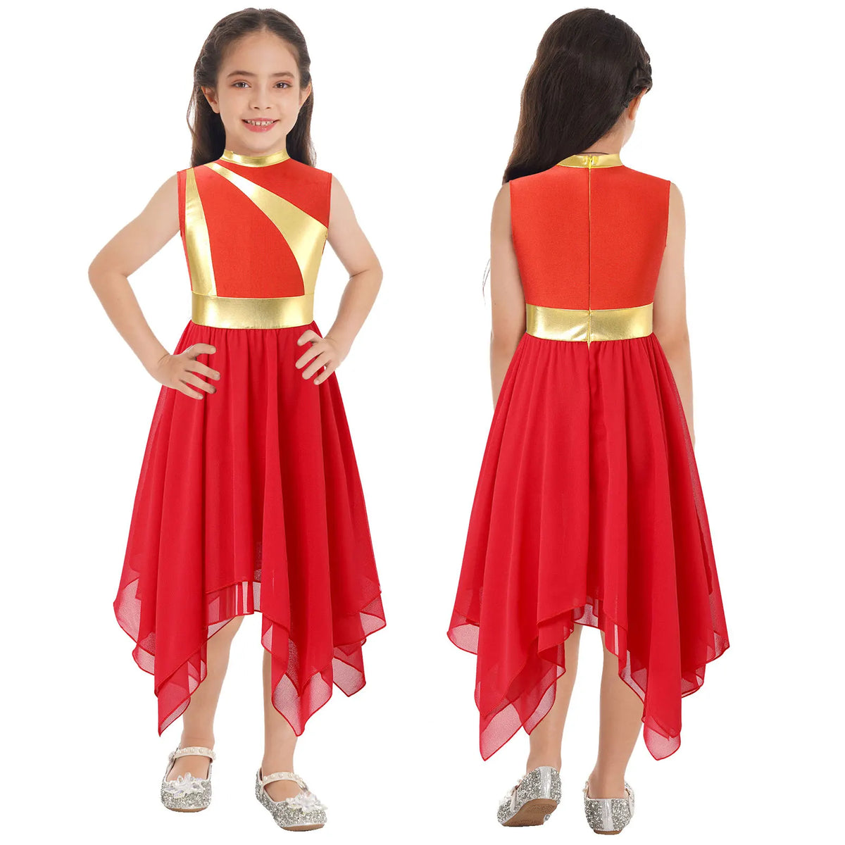 Kids Girls Modern Lyrical Dance Dress Liturgical Worship Praise Church Choir Robe Shiny Sequins Bodice Sheer Mesh Tunic Dresses