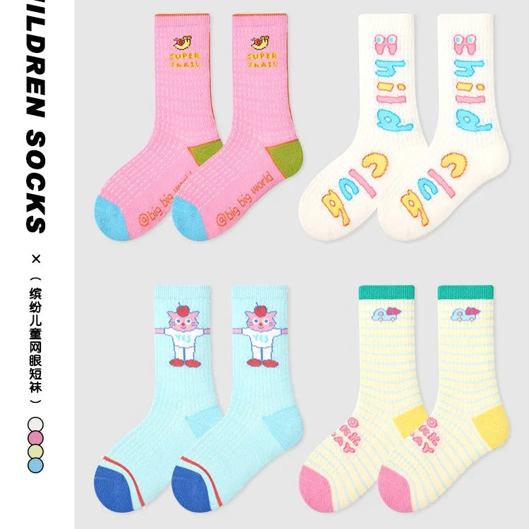 Kids Summer Socks Children's Socks Boys Girls Cartoon Pattern Thin Cotton Mesh Socks 4 Pairs/Lot Baby Calf Socks