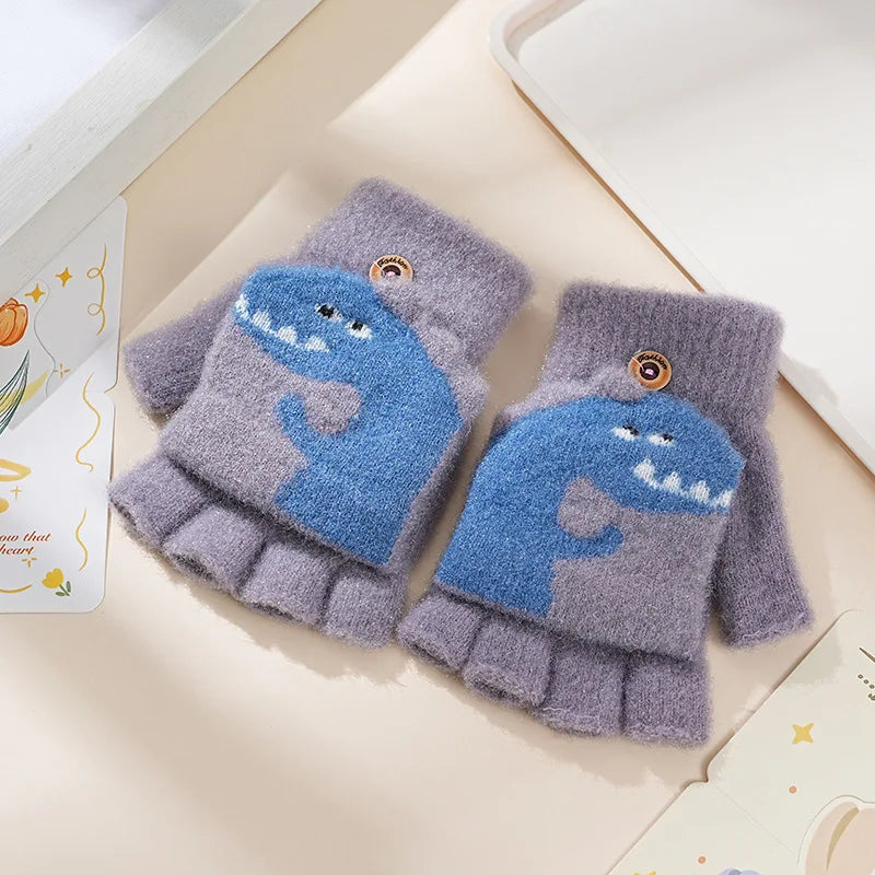 Children's Warm Gloves for Boys and Girls Cartoon Cute Half Finger Knitted Winter Flip Cover Baby Thick Cold Proof Five Fingers
