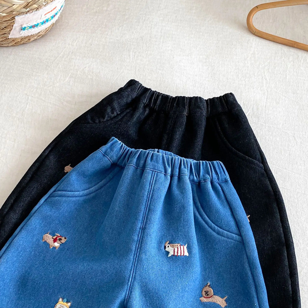 Winter Kids Pants Fur Lining Boys Jeans Embroidery Girls Denim Pants Thicken Girls Trousers