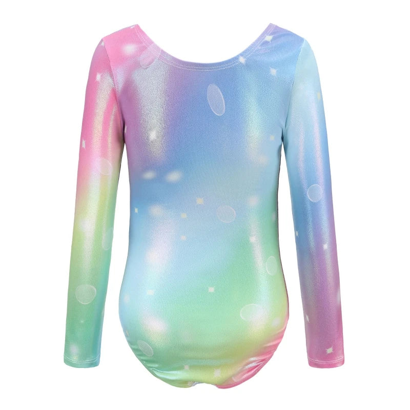 Children Girls Gymnastic Leotards Long Sleeve Unitard Sparkly Tumbling Dance Leotards 5-12 Years Kids Stage Costume
