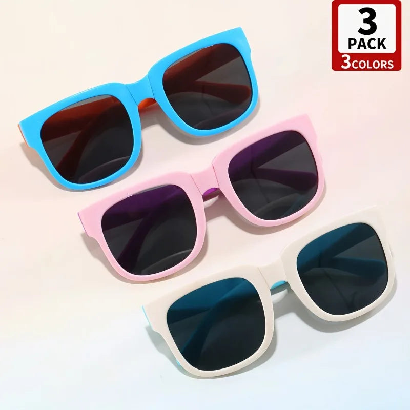 3PCS Folding Kids Sunglasses for Boys Girls Vintage Sports Square Children UV400 Outdoor Shades