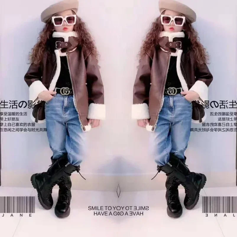 Girls  Jacket  Leather Motorcycle  Kids Coats Fleece   Children  Jacket  Winter Autumn