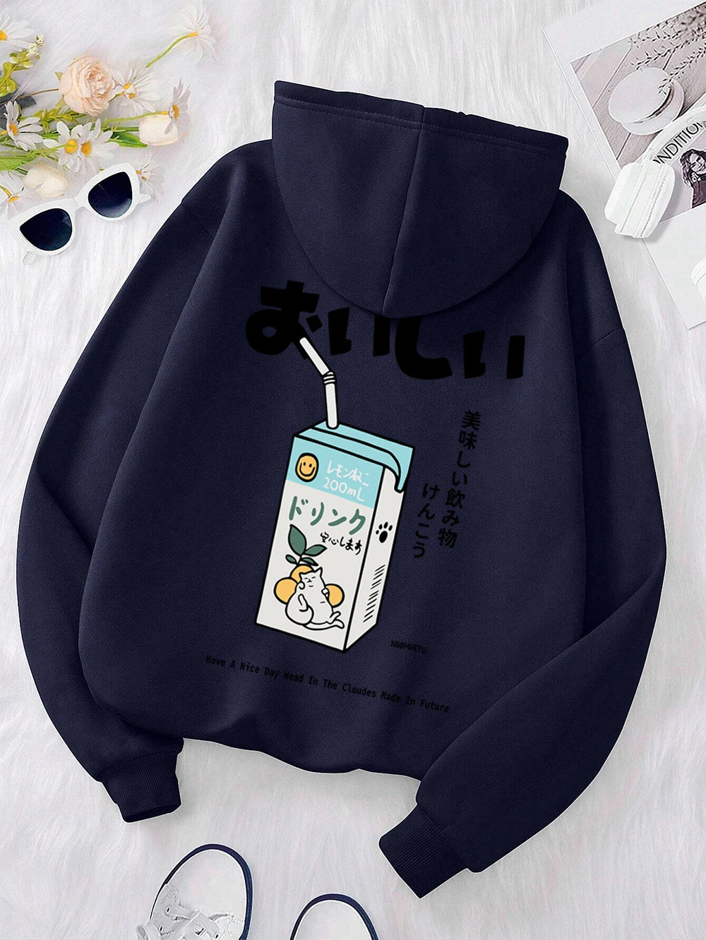Kawaii Japanese Harajuku Cat Print Hoodie Men Women Fashion Loose Hoody O-Neck Casual New Sweatshirt Pocket Fleece Couple Hoody
