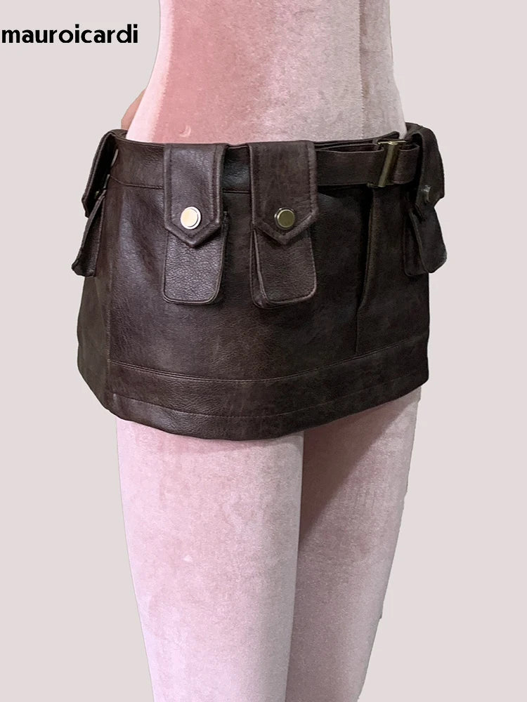 Spring Summer Brown Pu Leather Mini Skirt Women Three-dimensional Pockets Luxury Designer Vintage Emo Clothes Runway Fashion
