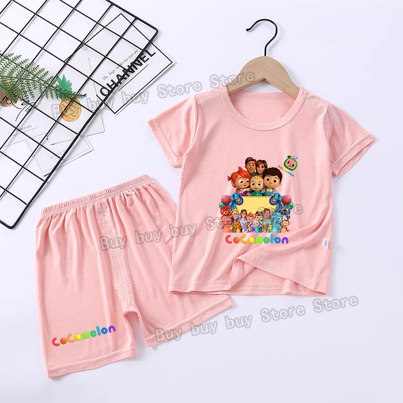Cocomelons Pajamas Suit Kids Boys Girls Nighty Wears Cool Summer Loungewear Short Sleeve T-shirt Shorts 2pcs Soft Birthday Gift