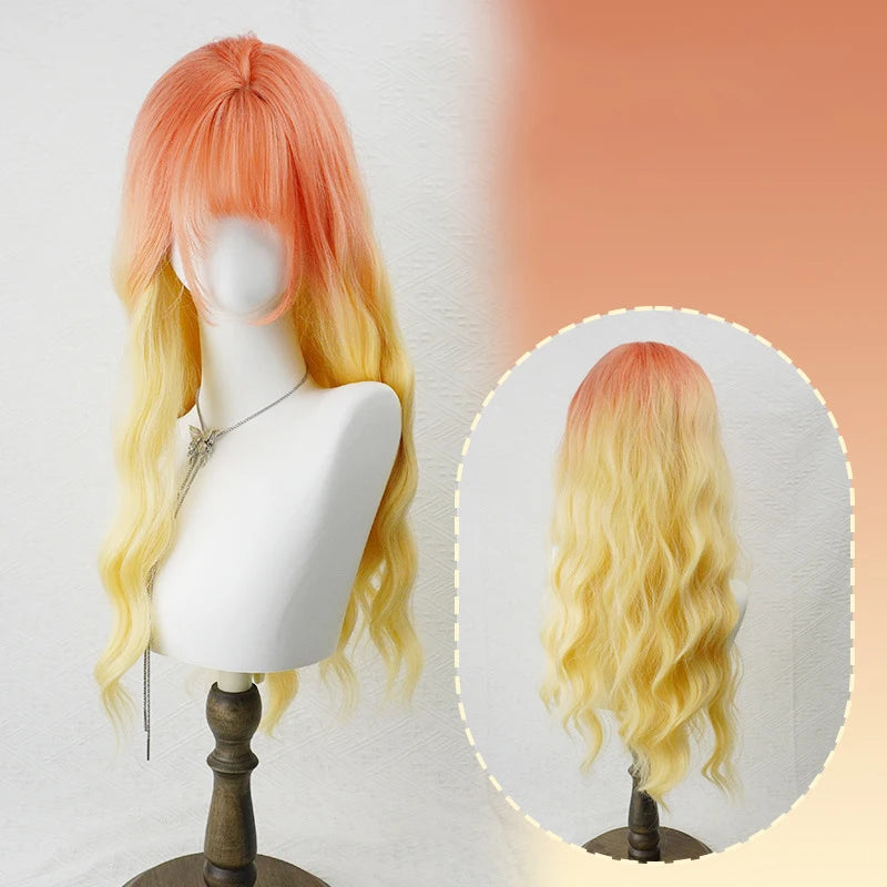 The Woman with a Wig Has a One-Cut Gradient Rainbow-Colored Bob Hairstyle, a Full Head Cover, and Short Collarbone Hair