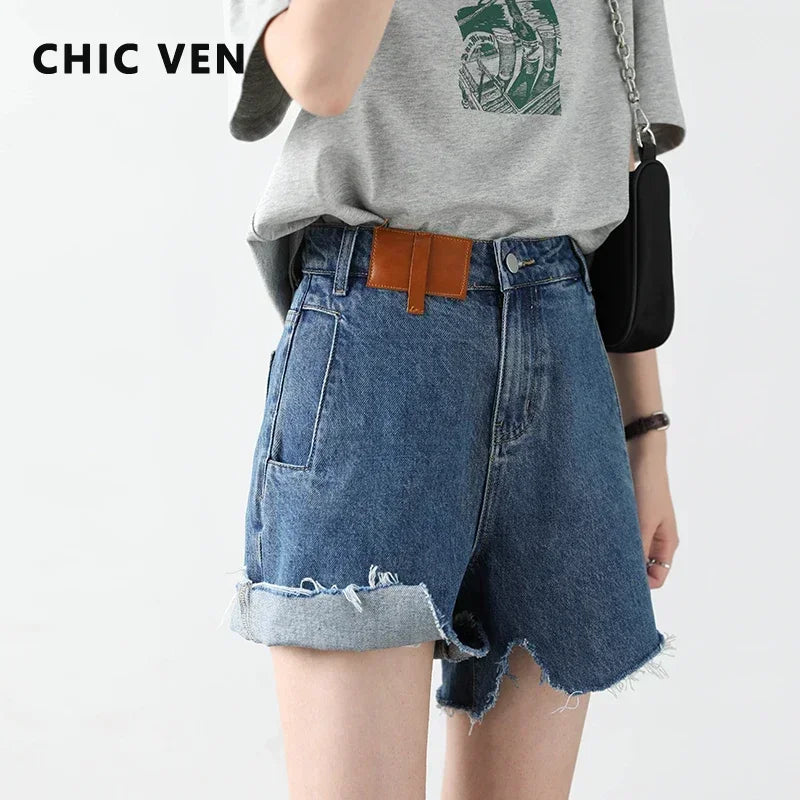 CHIC VEN  Women's Denim Shorts Retro Irregularly Cut Blue High-waisted Short Jeans for Women Streetwear Pants Ladies Summer 2022