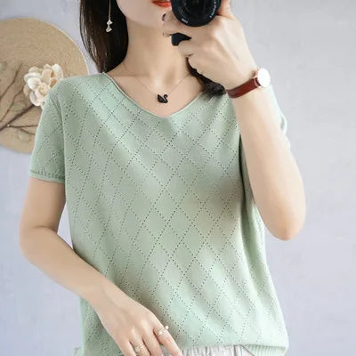 Summer new women's T-shirt 100% cotton casual pure color knitted sweater short-sleeved V-neck women's top loose fashion T-shirt