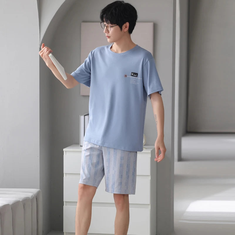 MiiOW 2Pcs Men's Pajamas Set Summer O-neck Mens Short Sleeve Homewear Big SIze L-3XL Man Sleepwear Cotton Breathable Men Pajamas